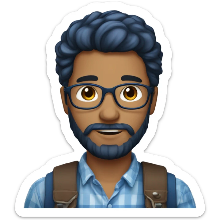 Un jeune homme avec une barbe légèrement fournie, des cheveux courts bruns et un regard confiant, vêtu d'une chemise à carreaux bleu marine. sticker