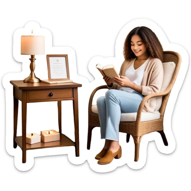 A person sits mindfully in a chair, a gratitude journal nearby, and a phone turned off. A bird chirps outside, a scented candle burns, and a small hidden gift bag peeks from under the table. A framed quote says, "Be Kind to Yourself," while they share a smile with someone. sticker