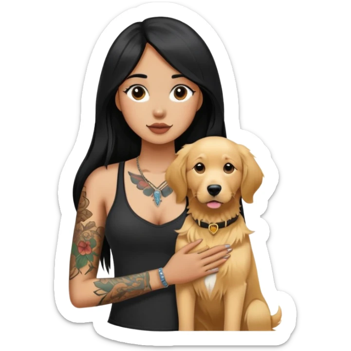 brown girl with long black  straight hair with  tattoos on the chest and  a golden retriever sticker