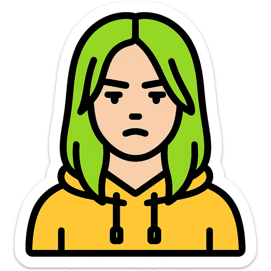 minimalist icon of Billie Eilish with neon green highlights, hoodie, subtle attitude sticker