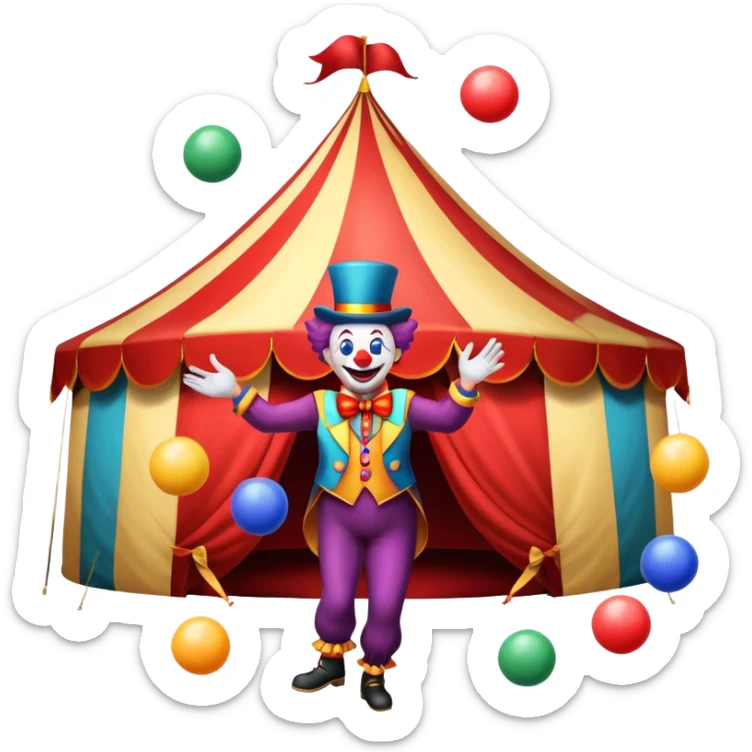 Icon for Circus Arts: a circus tent with a performer juggling colorful balls, a unicyclist, and a clown. The icon should convey the excitement and fun of circus performances, with emphasis on skill, acrobatics, and entertainment. Transparent background. sticker