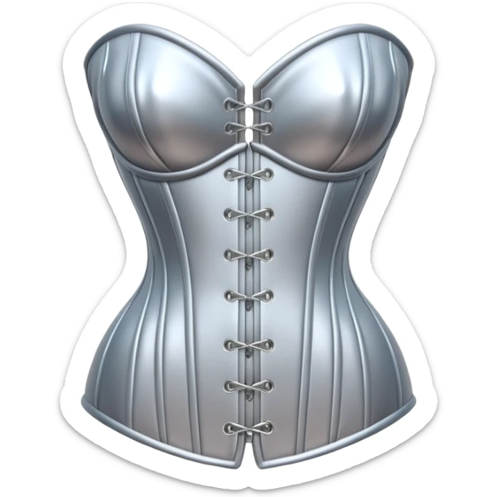 A luxury corset emoji made of silver chrome, smooth metallic curves, minimal fashion silhouette, glossy reflections, sensual high-end aesthetic, iOS emoji style, centered, clean white background sticker