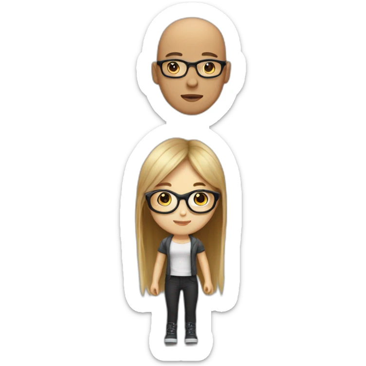 girl with bro2n long straight hair and black round glasses and bald boy sticker