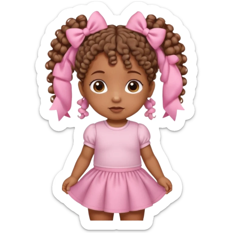 a brown skin baby with curly hair and a baby pink skirt and baby pink bows with her hair in pigtails sticker