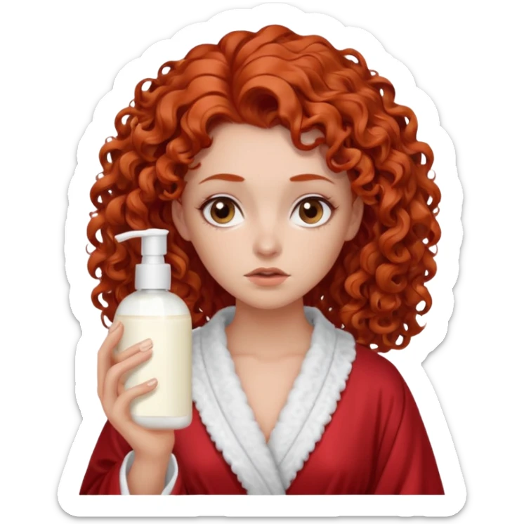 Cartoon emoji of a girl with voluminous curly red hair, fair skin, brown eyes. Wearing a chic milky silk robe with long sleeves, no makeup. Portrait mode, holding 2 moisterizers or different skin care products, looking super doubtful twisted and unsure. she is miserab;e sticker