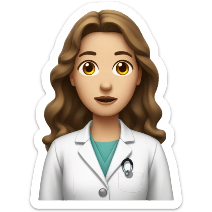 Women with surprised face with wavy long brown hair, with small brown eyes and very high eyebrows , wearing lab coat  sticker