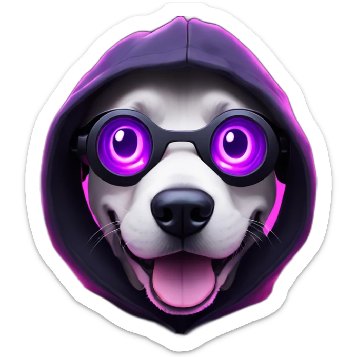 funny dog wearing a black hoodie with "OMG" letters on it and VR headset in a cyberpunk VR environment with violet neon lighting. sticker