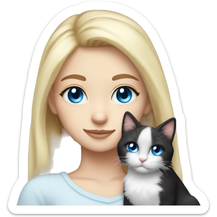 Blonde girl blue eyes snuggling fluffy black and white tuxie cat sticker