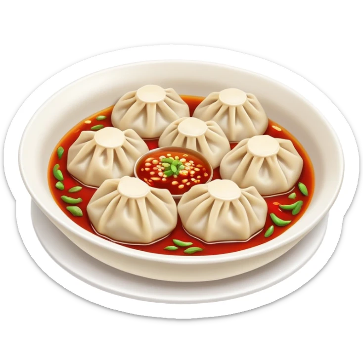 Chongqing Zhong Dumplings with red chili oil sauce, simplified emoji style with bold outlines and bright colors, cartoon style Sichuan spicy boiled dumplings sticker