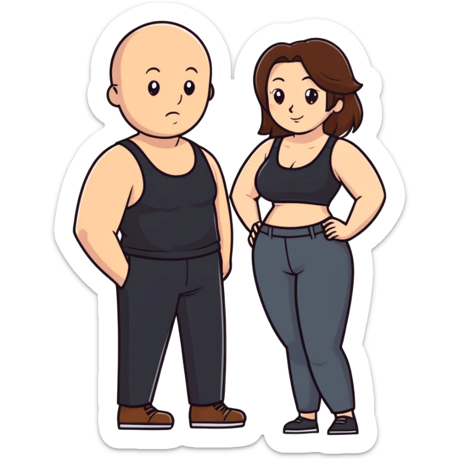  One Caucasia woman with brown hair and big boobs,  a black tank top and pants with her hand in the pants of a bald man sticker