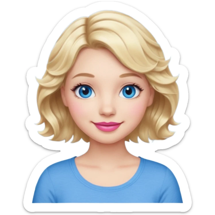 Girl Blonde short wavy hair,  blue eyes, cute blue top, long lashes, pink lips, smiling, 👍🏻 sticker