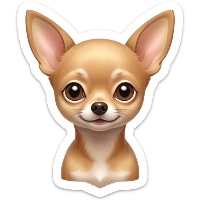 Cinematic Cute Fawn Short Haired Chihuahua Portrait Emoji, Head tilted playfully and inquisitively, smooth fawn fur with a healthy sheen, round, sparkling dark eyes filled with curiosity, Simplified yet irresistibly adorable features, highly detailed, glowing with a warm, friendly glow, high shine, affectionate and lively, stylized with a touch of whimsy, bright and endearing, soft glowing outline, capturing the essence of a mischievous yet loving pup, so playful it feels like it could bound out of the screen and into your arms! sticker