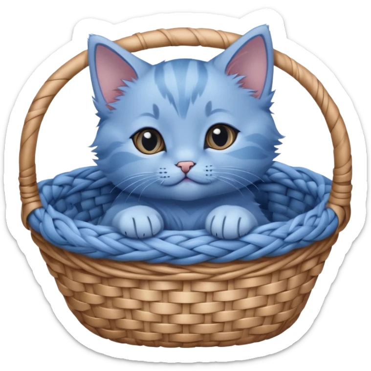 Close-up of a blue kitten lying in a basket, with no details. Minimalist design, focusing on the kitten's simple and cute form in the basket. sticker