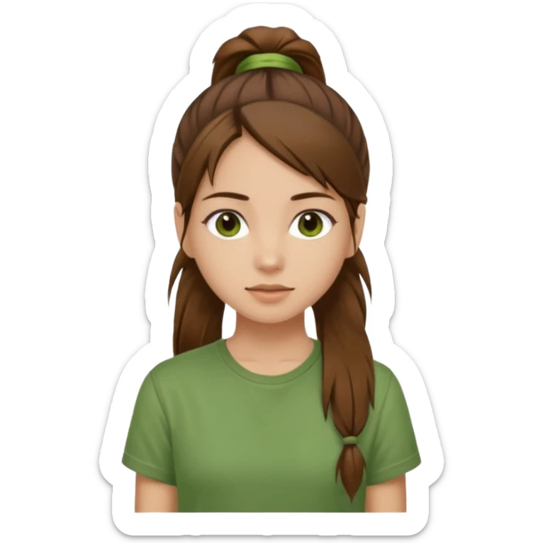 Make a zumba coach emoji, brown eyes, brown hair girl, green shirt withe "the roots" on it, longer pony tail hair sticker