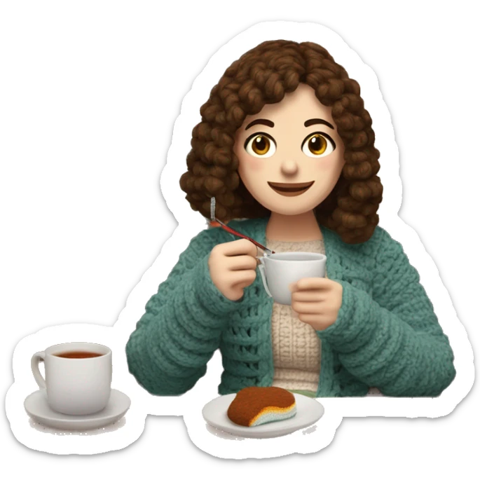 26 year old white woman with brown hair and curtain bangs. She is crocheting with a crochet hook and yarn,  a cardigan. She is sat on a couch with a blanket on her. Near her there is a cup of tea On a table sticker