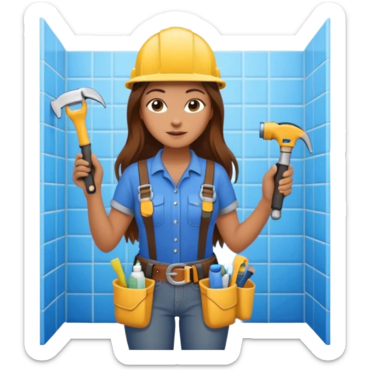 beautiful girl with long brown hair constructing new bathroom area with new shower and amenities  sticker