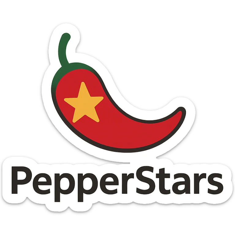 company logo PepperStars: red chili pepper with a golden star, modern style sticker