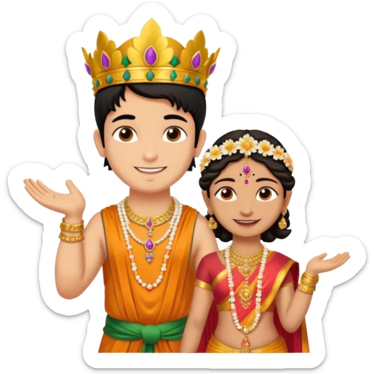 Brahmin boy is thanking to the bharatanatyam dancer. She is in lordess padmavati with golden crown and giant flower garland on her neck. The girl is fat and tall the boy is small. sticker