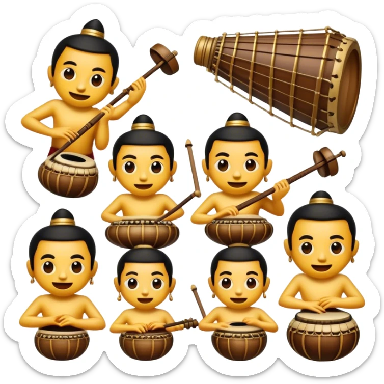 Cinematic Realistic Gamelan Pop Culture Emoji, depicted with an ensemble of traditional Indonesian instruments rendered with rich textures and rhythmic, cultural lighting. sticker