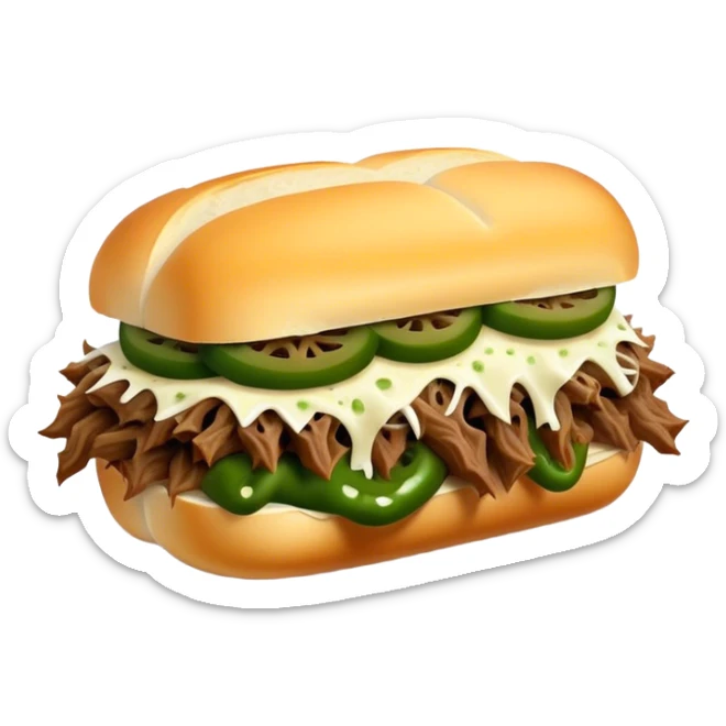 Chicago Italian cheesy beef sandwich. Italian bread, shredded beef, white provolone cheese, green peppers. sticker