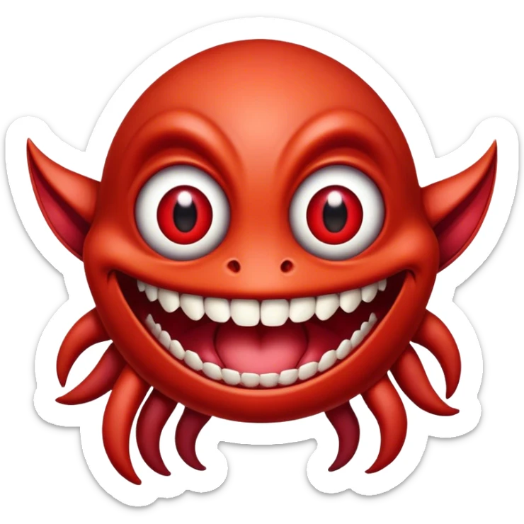 Creature comes out of the eye of a another creature who has red skin and a wide smile with long teeth sticker