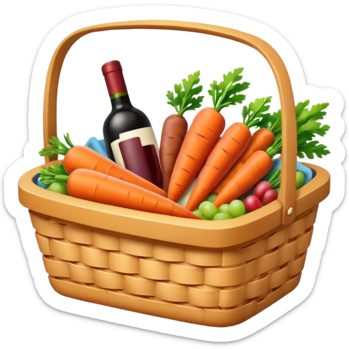 picnic basket with carrots, wine, sausages, cheese, cheerful and colorful, emoji style sticker