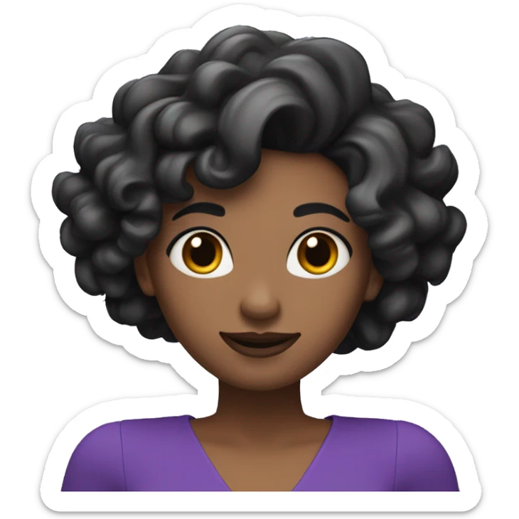 And a 3D illustration of a female character with long medium curly black hair smiling wearing lipstick round face black eyes animated. The character must wear a long-sleeved purple blouse. sticker