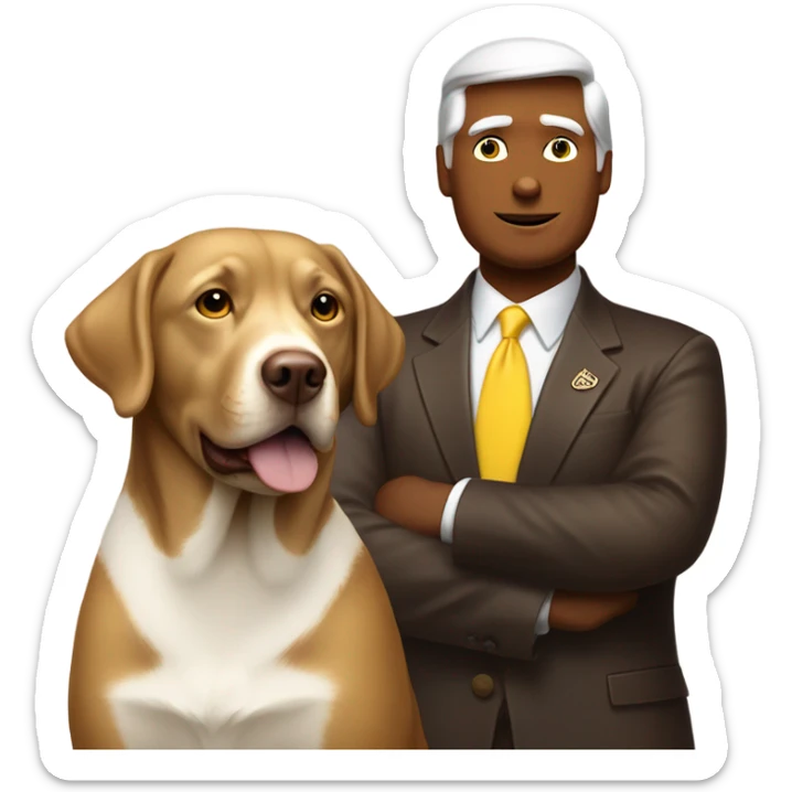 Donald trump next to a chocolate lab dog with a white stripe on chest and yellow eyes sticker