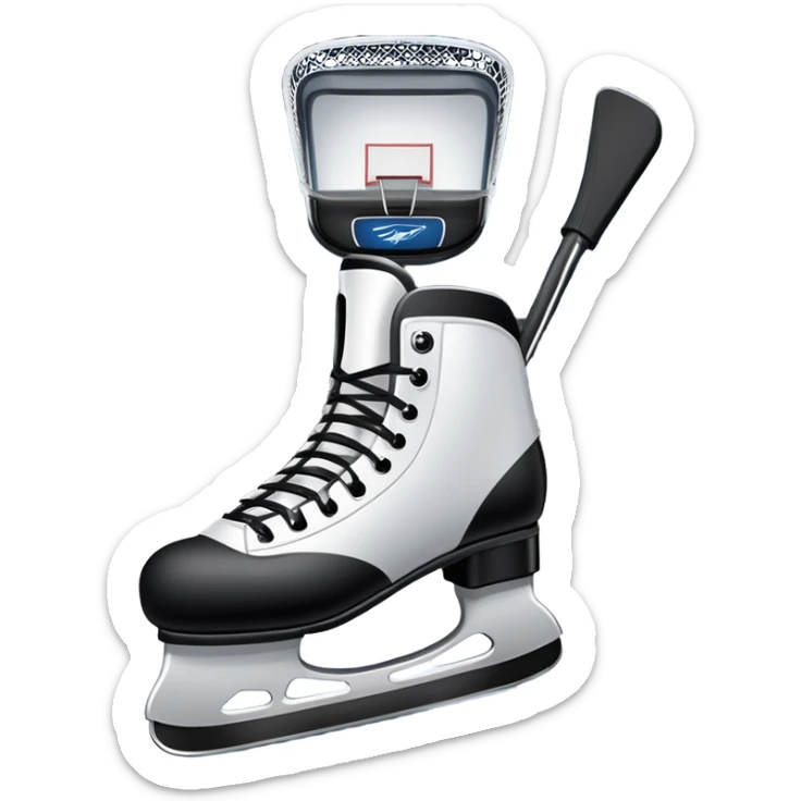 Please, make An icon featuring close-up shots of key hockey equipment: a hockey stick, puck, and skates. The background shows a packed stadium with cheering fans, bright arena lights, and an icy rink. Transparent background highlights the essentials of the game and the thrill of the sport. sticker