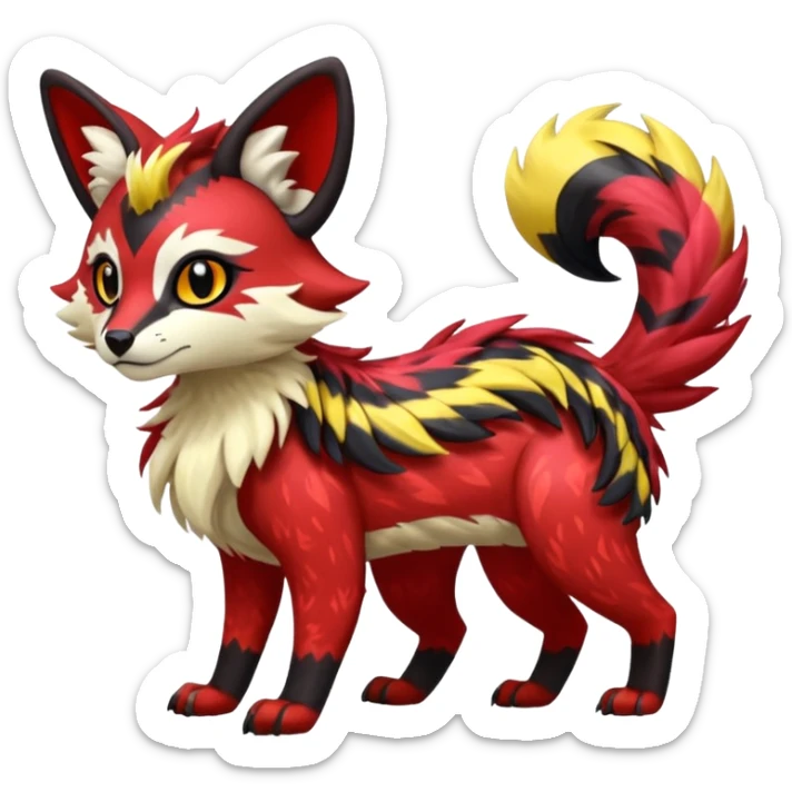 Futuristic sanguine-red banana-yellow black chevron-marked furry fluffy floofy feathery tribal marked Genet-Absol-Kyurem-Zeraora-Primagen-fusion-creature  sticker