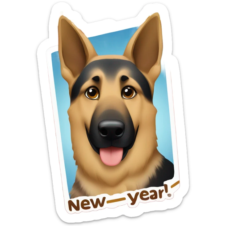 Blonde and brown German shepherd holding a sign that says “Happy New Year” sticker