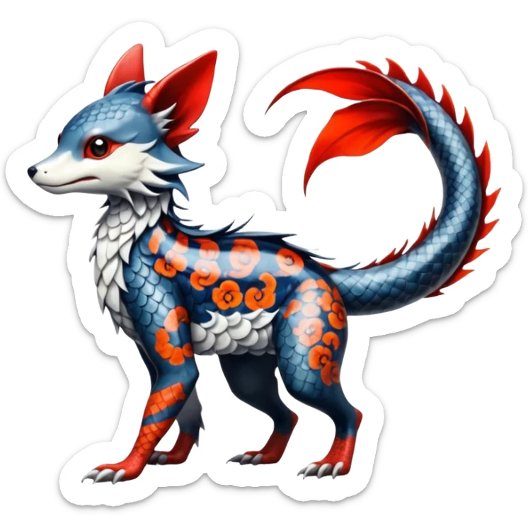 Edgy badass swimmy wet painted intricate ornate Japanese Asian koi-Sergal-Lykoi-Linoone-Electrike-Zangoose-fusion-hybrid-animal-Fakémon-creature, full body, thin long sleek scaly tail, intricate markings sticker