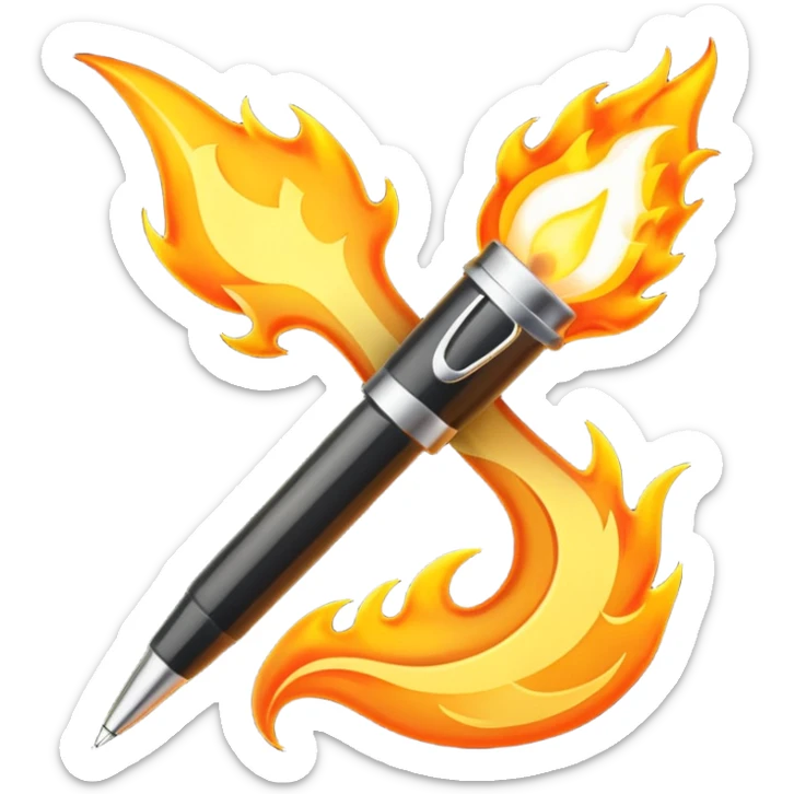 a pen, with a fire coming out of the ballpoint writing end of it sticker