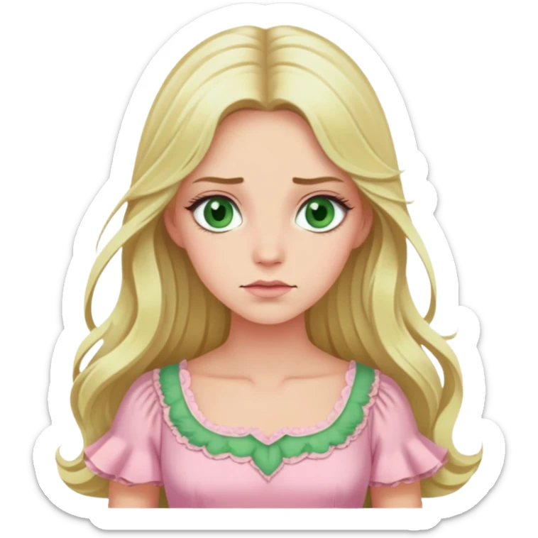 blonde with long hair and swamp eyes in a pink pastel dress, thoughtful sticker