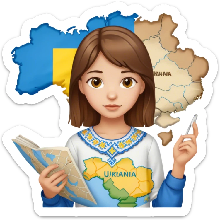 A Ukrainian girl with brown hair wearing an embroidered shirt holds a map of Ukraine sticker