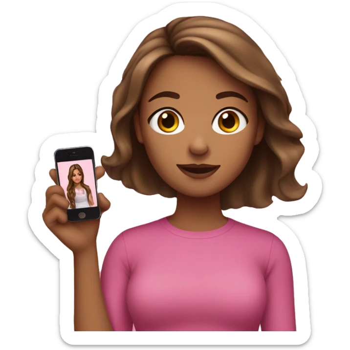 Girl with brown hair, strand in front, wearing pink with an iPhone in her hand sticker