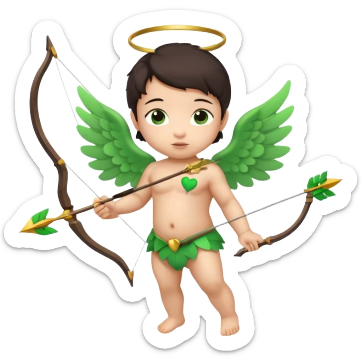 cupid asian baby flying full body with wings with brown eyes and dark hair handled bow and arrow directed to green emoji heart sticker