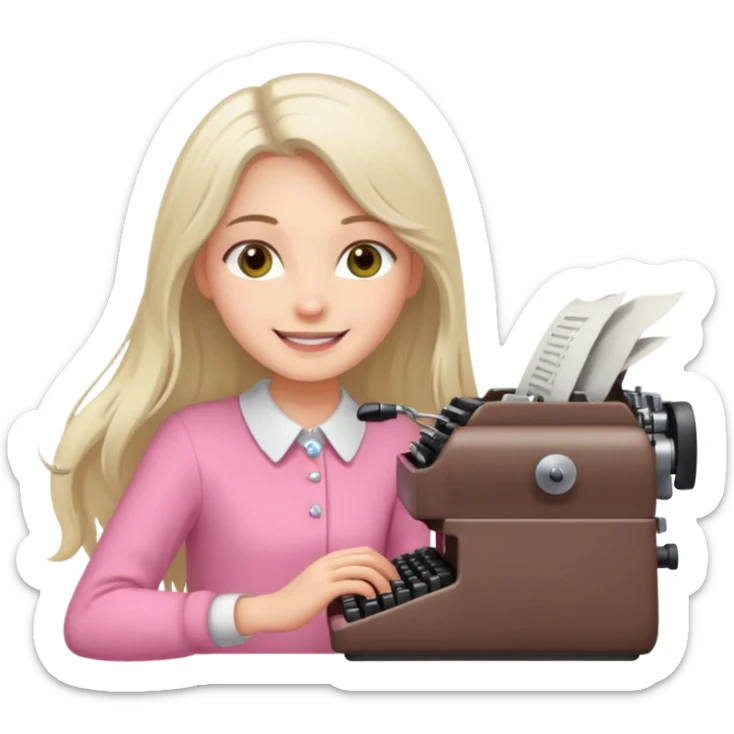 smiling white long brunette hair girl with hazel eyes wearing pink typing on a typewriter sticker