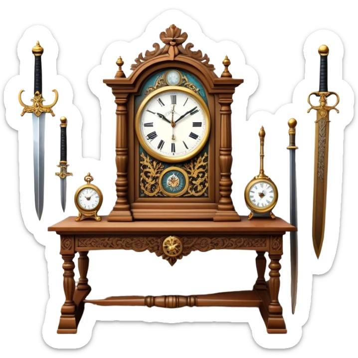 Icon for Antiques Collecting: a vintage clock, intricately carved furniture, famous paintings, antique swords, and rifles. The items are displayed on a wooden table or shelf. The icon should evoke the rich history and craftsmanship of antique collecting. Transparent background. sticker