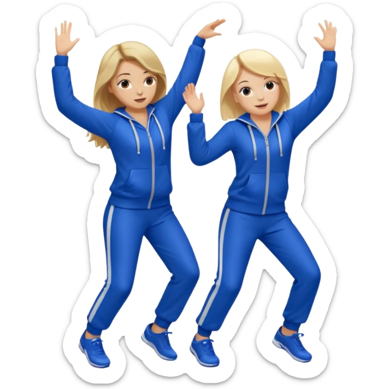 two girls dancing one is blond and one is brunette they are wearing royal blue track suits sticker