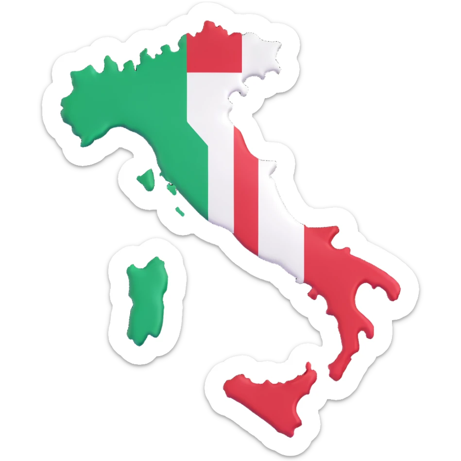 3D illustration of the map of Italy with the Italian flag overlay, vivid and bright flag colors sticker
