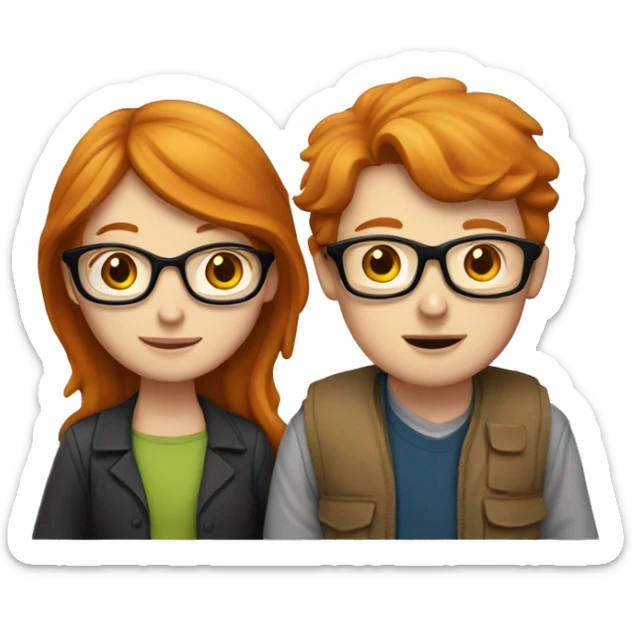 a ginger girl and a brunette boy, both with glasses. they have books in front of them, learn sticker