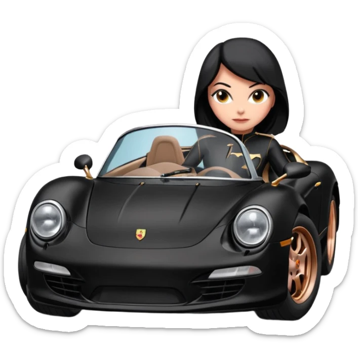 BatGirl driving her satin-black and rose gold 56 Porsche spider too fast in the country despite the rainy conditions making the tires slippery sliding sideways and her black hair flutter  sticker