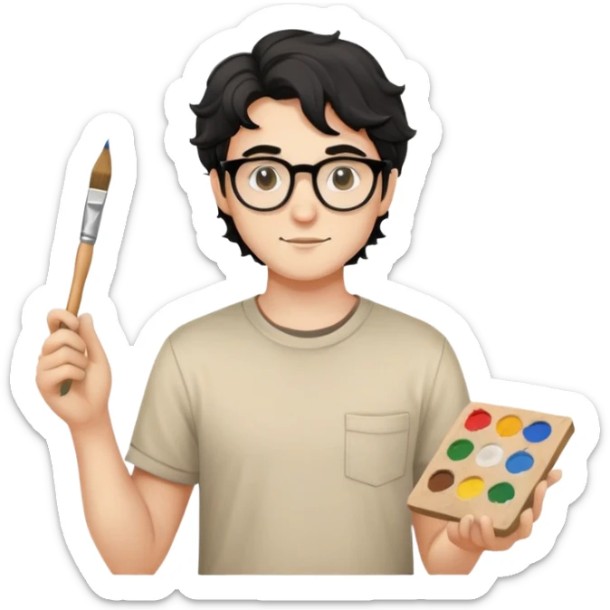 Young caucasian man with black wavy hair, round glasses, beige painting shirt, holding a square paintbrush sticker