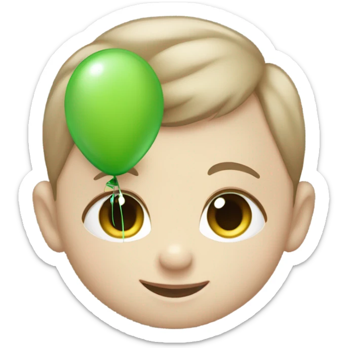 white baby with brown hair and blue eyes holding a green balloon  sticker