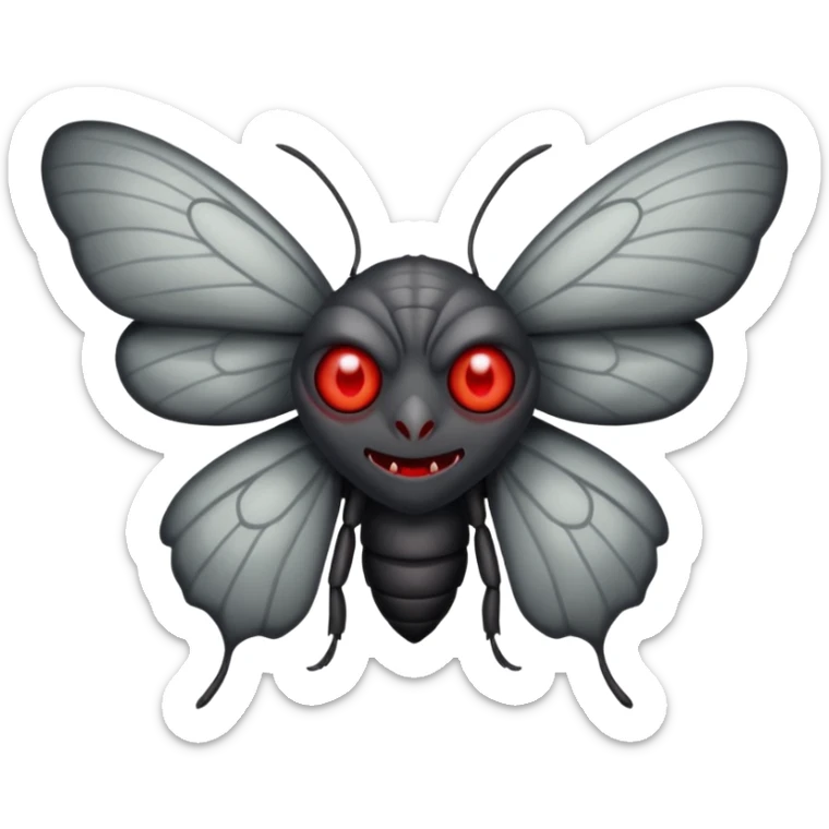 Create a scary emoji of the Mothman with bright red eyes and as depicted in the legend. Make it less bird like and more Moth / Human hybrid sticker