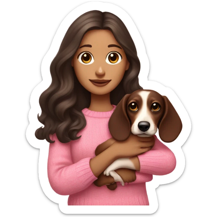 Dark Brunette white girl with long wavy hair in a pink sweater holds a dark brown and cream dachshund long-haired puppy in her arms sticker