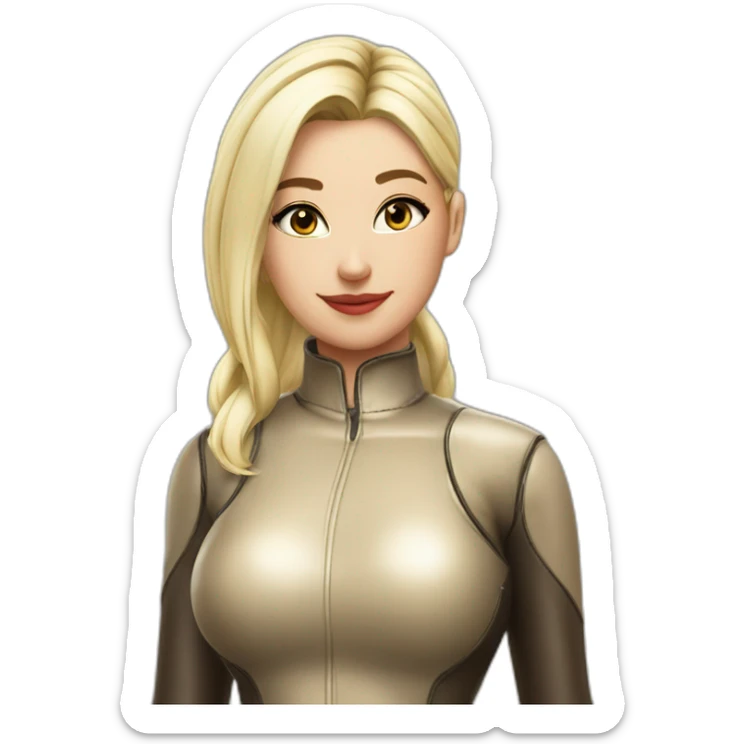 1 girl, leather suit, latex legwear, leather skirt, platinum blonde hair, ponytail, smirk, leather boots sticker