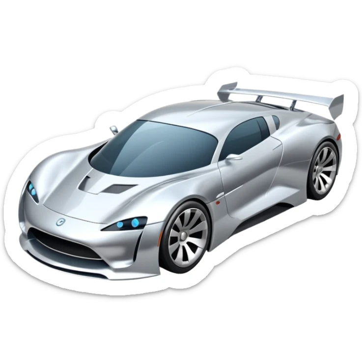 A low-profile futuristic car emoji made of polished silver chrome, wide body stance, smooth aerodynamic shape, glossy metallic surface, soft reflections, luxury swag aesthetic, minimal details, iOS emoji style, centered on clean white background, studio lighting sticker