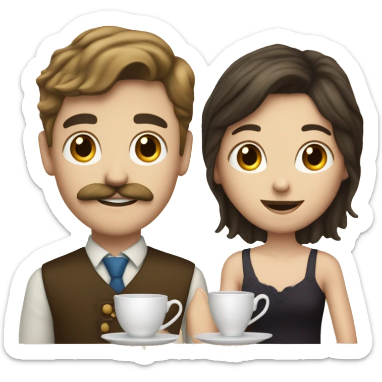 a white brunette girl and a white boy with dark blond hair and a mustache drinking together a cup of tea sticker